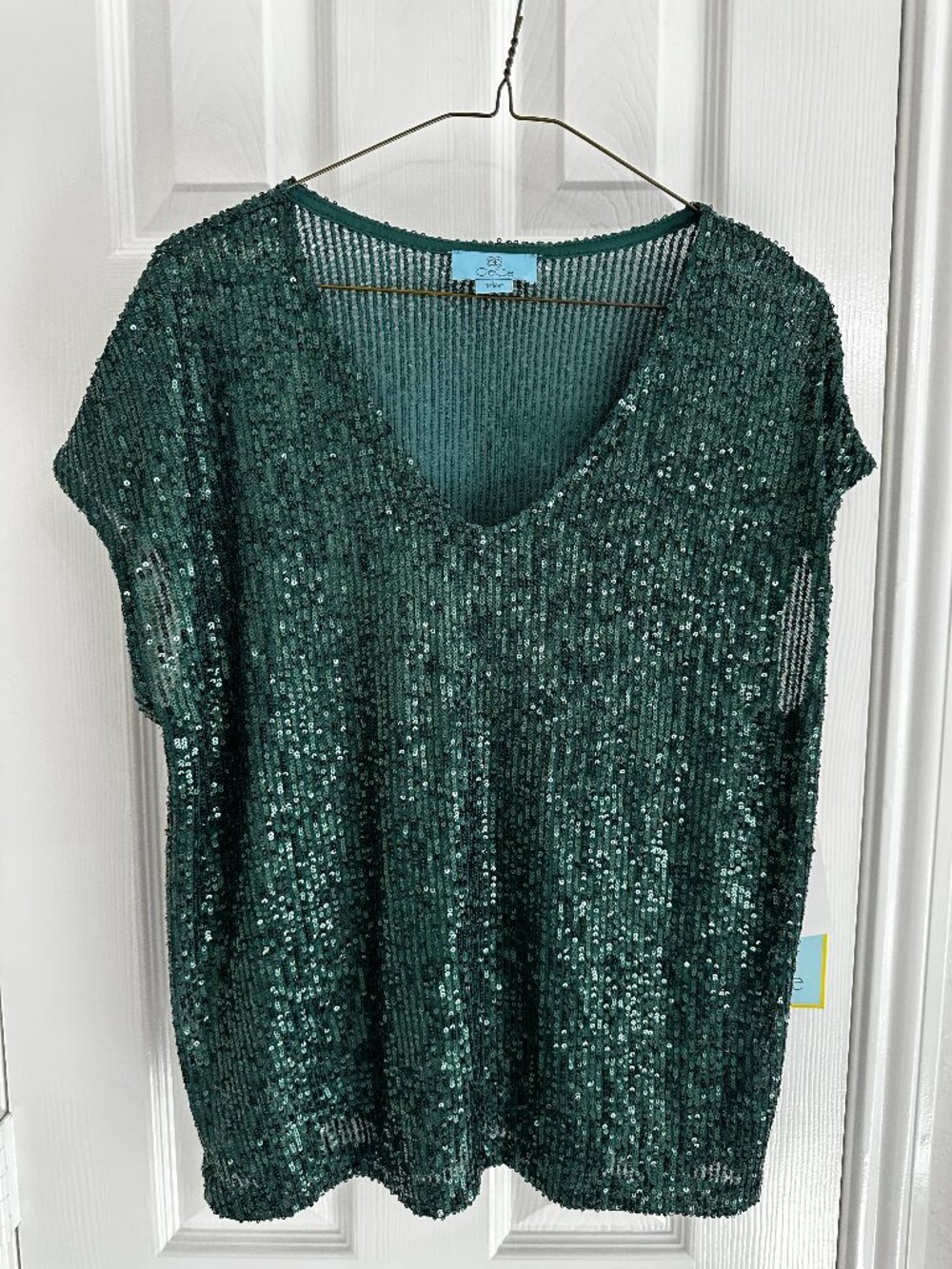 CeCe Emerald Green Sequin V-Neck Top Size Large NWT Party Holiday Top